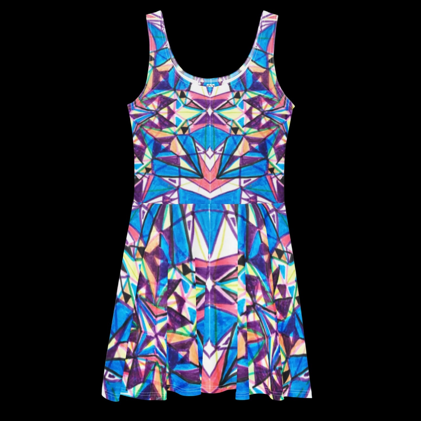 vestido con vuelo estampado caleidoscopio azul