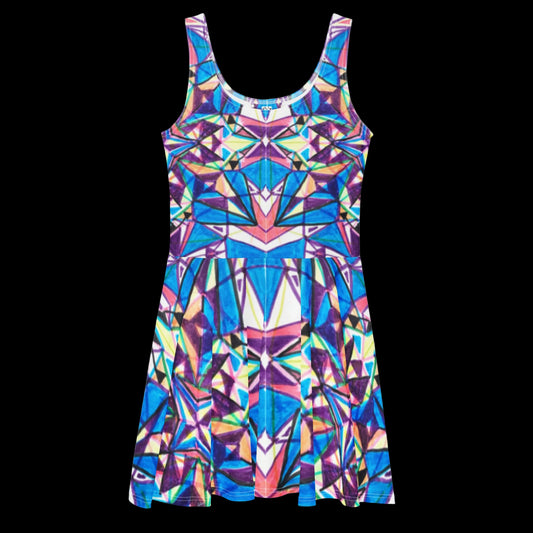 vestido con vuelo estampado caleidoscopio azul